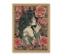 Artery8 Kiss from a Rose Pastel Red and Green Illustration Artwork Framed Wall Art Print 18X24 Inch