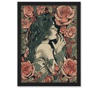 Artery8 Kiss from a Rose Pastel Red & Green Illustration Artwork Framed Wall Art Print A4 in Black Artery8 Black