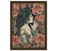 Kiss from a Rose Pastel Red and Green Illustration Artwork Framed Wall Art Print A4 Artery8 Brown One Size