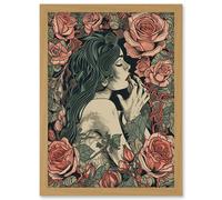 Artery8 Kiss from a Rose Pastel Red and Green Illustration Artwork Framed Wall Art Print A4