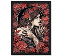 Artery8 Kiss from a Rose Red and Black Floral Illustration Artwork Framed A3 Wall Art Print