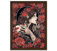 Artery8 Kiss from a Rose Red and Black Floral Illustration Artwork Framed A3 Wall Art Print