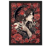 Artery8 Kiss from a Rose Red and Black Floral Illustration Artwork Framed Wall Art Print A4