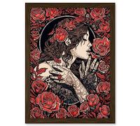 Artery8 Kiss from a Rose Red and Black Floral Illustration Artwork Framed Wall Art Print A4
