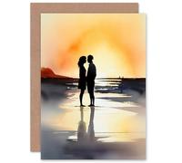 Artery8 Kisses at Dawn Watercolour Romance Love Beach for Him or Her Man Woman Anniversary Valentines Day Love Blank Art Greeting Card
