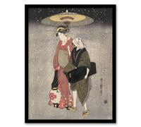 Artery8 Kitagawa Framed Wall Art Print Geisha Walking Through Snow At Night - A4 Size