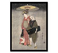 Artery8 Kitagawa Framed Wall Art Print Geisha Walking Through Snow At Night in Grey | Size: A3 Artery8 Grey A3
