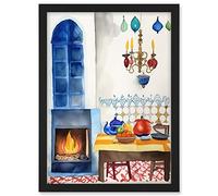 Artery8 Kitchen Fireplace In Traditional Spanish Home Folk Art Watercolour Painting Artwork Framed A3 Wall Art Print