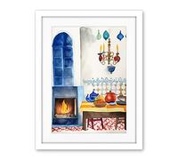 Artery8 Kitchen Fireplace In Traditional Spanish Home Folk Art Watercolour Painting Artwork Framed Wall Art Print 18X24 Inch