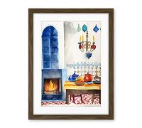 Artery8 Kitchen Fireplace In Traditional Spanish Home Folk Art Watercolour Painting Artwork Framed Wall Art Print 18X24 Inch