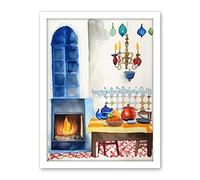 Artery8 Kitchen Fireplace In Traditional Spanish Home Folk Art Watercolour Painting Artwork Framed Wall Art Print 18X24 Inch