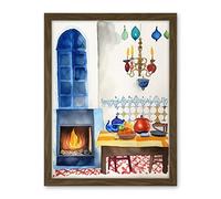 Artery8 Kitchen Fireplace In Traditional Spanish Home Folk Art Watercolour Painting Artwork Framed Wall Art Print 18X24 Inch