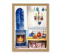 Artery8 Kitchen Fireplace In Traditional Spanish Home Folk Art Watercolour Painting Artwork Framed Wall Art Print 18X24 Inch