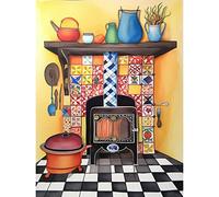 Artery8 Kitchen Hearth Fireplace With Multicoloured Tiles Folk Art Watercolour Painting Unframed Wall Art Print Poster Home Decor Premium