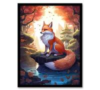 Wall Art Print Kitsune Fox Spirit Painting Orange Green Blue Digital Art Conceptual Depiction Mythical Creature in Autumn Forest Landscape with Temple Artery8 Orange A4
