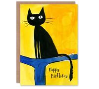 Artery8 Kitten on Tree Bold Yellow Blue Black Cat Lover Blank For Him Or Her Art Birthday Card