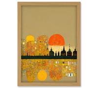 Artery8 Klimt Inspired Autumn Sunset City Skyline Patterns Artwork Framed Wall Art Print A4 in Light Oak Artery8 Light Oak