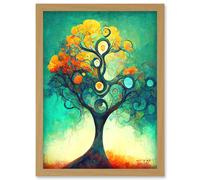 Artery8 Klimt Inspired Luminous Abstract Autumn Fall Tree Artwork Framed Wall Art Print A4 in Light Oak Artery8 Light Oak