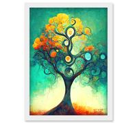 Artery8 Klimt Inspired Luminous Abstract Autumn Fall Tree Artwork Framed Wall Art Print A4 in White Artery8 White