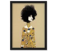 Wee Blue Coo Klimt Style Retro Boho Afro Hair Abstract Gold Dress Artwork Framed Wall Art Print A4