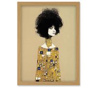 Wee Blue Coo Klimt Style Retro Boho Afro Hair Abstract Gold Dress Artwork Framed Wall Art Print A4