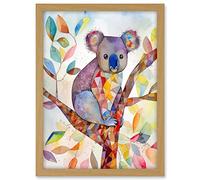 Artery8 Koala On Tree With Multicolour Polygon Pattern Folk Art Watercolour Painting Artwork Framed A3 Wall Art Print