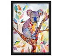 Artery8 Koala On Tree With Multicolour Polygon Pattern Folk Art Watercolour Painting Artwork Framed A3 Wall Art Print