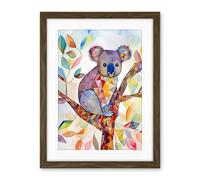 Artery8 Koala On Tree With Multicolour Polygon Pattern Folk Art Watercolour Painting Artwork Framed Wall Art Print 18X24 Inch