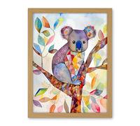 Artery8 Koala On Tree With Multicolour Polygon Pattern Folk Art Watercolour Painting Artwork Framed Wall Art Print 18X24 Inch