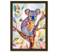 Artery8 Koala On Tree With Multicolour Polygon Pattern Folk Art Watercolour Painting Artwork Framed A3 Wall Art Print
