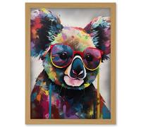 Artery8 Koala With Purple Sunglasses Modern Multicoloured Artwork Framed Wall Art Print A4 in Light Oak Artery8 Light Oak