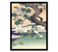 Artery8 Kogyo Tsukioka Framed Wall Art Print Tree & Chrysanthemums in Green | Size: A4 Artery8 Green A4