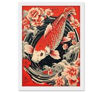 Artery8 Koi Fish Carp Japanese Whirlpool Red Black Floral Illustration Artwork Coy Artwork Framed A3 Wall Art Print