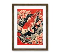 Artery8 Koi Fish Carp Japanese Whirlpool Red Black Floral Illustration Artwork Coy Artwork Framed Wall Art Print 18X24 Inch