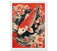 Artery8 Koi Fish Carp Japanese Whirlpool Red Black Floral Illustration Artwork Coy Artwork Framed Wall Art Print A4