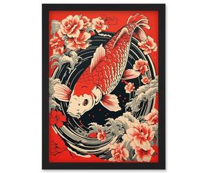 Artery8 Koi Fish Carp Japanese Whirlpool Red Black Floral Illustration Artwork Coy Artwork Framed Wall Art Print A4