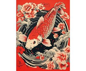 Artery8 Koi Fish Carp Japanese Whirlpool Red Black Floral Illustration Artwork Coy Large Wall Art Poster Print Thick Paper 18X24 Inch