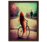 Artery8 Koi Fish With Bicycle Surrealism Purple Teal Park Dream Artwork Framed Wall Art Print A4 in Brown Artery8 Brown