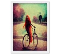 Doppelganger33 LTD Koi Fish With Bicycle Surrealism Purple Teal Park Dream Artwork Framed Wall Art Print A4