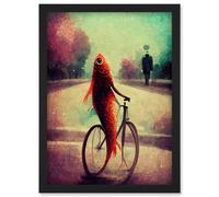 Artery8 Koi Fish With Bicycle Surrealism Purple Teal Park Dream Artwork Framed Wall Art Print A4 in Black Artery8 Black