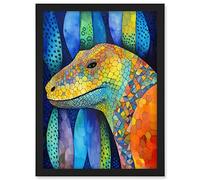 Artery8 Komodo Dragon Vibrant Folk Art Watercolour Painting Artwork Framed A3 Wall Art Print