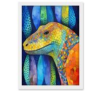 Artery8 Komodo Dragon Vibrant Folk Art Watercolour Painting Artwork Framed A3 Wall Art Print
