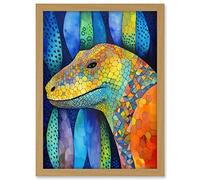 Artery8 Komodo Dragon Vibrant Folk Art Watercolour Painting Artwork Framed A3 Wall Art Print