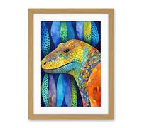 Artery8 Komodo Dragon Vibrant Folk Art Watercolour Painting Artwork Framed Wall Art Print 18X24 Inch
