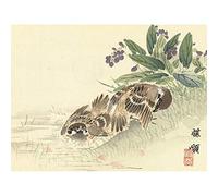 Artery8 Kono Bairei Bathing Tree Sparrow Japanese Woodblock Art Print Canvas Premium Wall Decor Poster Mural