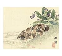 Artery8 Kono Bairei Bathing Tree Sparrow Japanese Woodblock Premium Wall Art Canvas Print 18X24 Inch