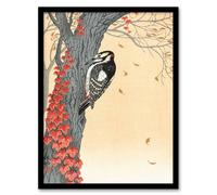 Artery8 Koson Framed Wall Art Great Spotted Woodpecker on Tree With Red Ivy in Orange | Size: A4 Artery8 Orange A4