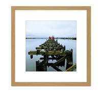 Artery8 Koumu Leith Old Wharf Dock Ships Sea Water Grey 8X8 Inch Square Wooden Framed Wall Art Print Picture with Mount in Light Oak Artery8 Light Oak