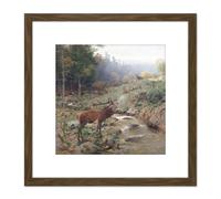 Artery8 Kroner Herd Red Deer Forest Glade Painting 8X8 Inch Square Wooden Framed Wall Art Print Picture with Mount in Brown Artery8 Brown