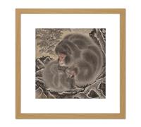 Artery8 Kyosai Two Monkeys Japan Painting 8X8 Inch Square Wooden Framed Wall Art Print Picture with Mount in Light Oak Artery8 Light Oak